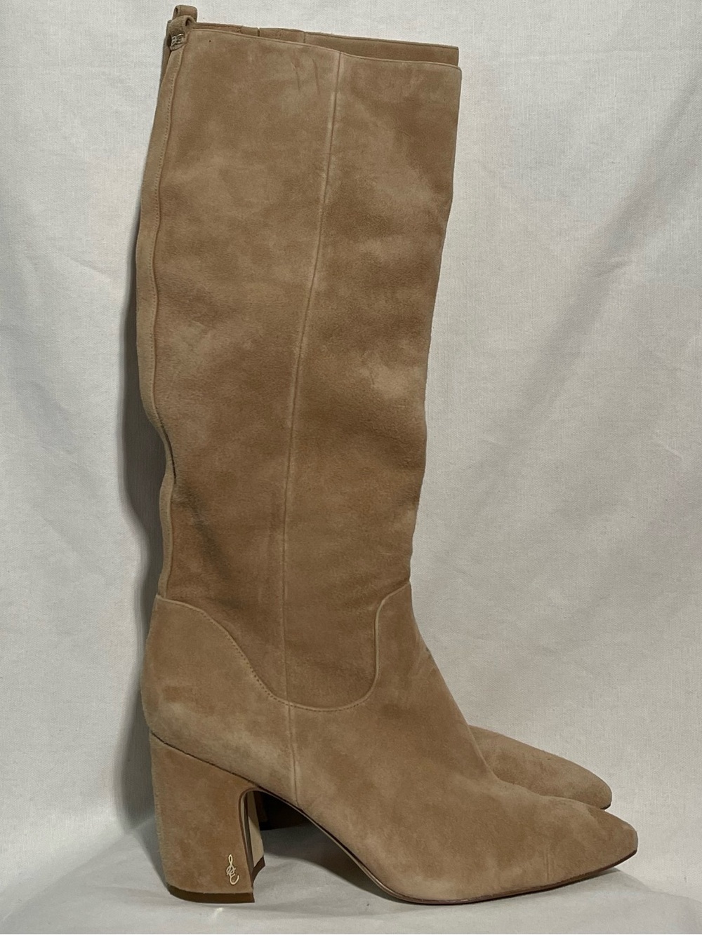 Sam Edelman Hai Suede Knee-High Boots Camel Tan Pointed Toe Block Heel